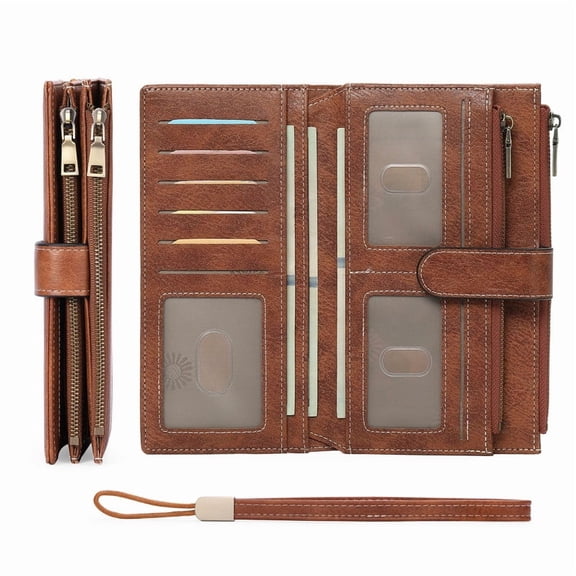 FALAN MULE Women’s Leather Wristlet Wallet Rfid Blocking with 5 ID Windows and Double Zipper