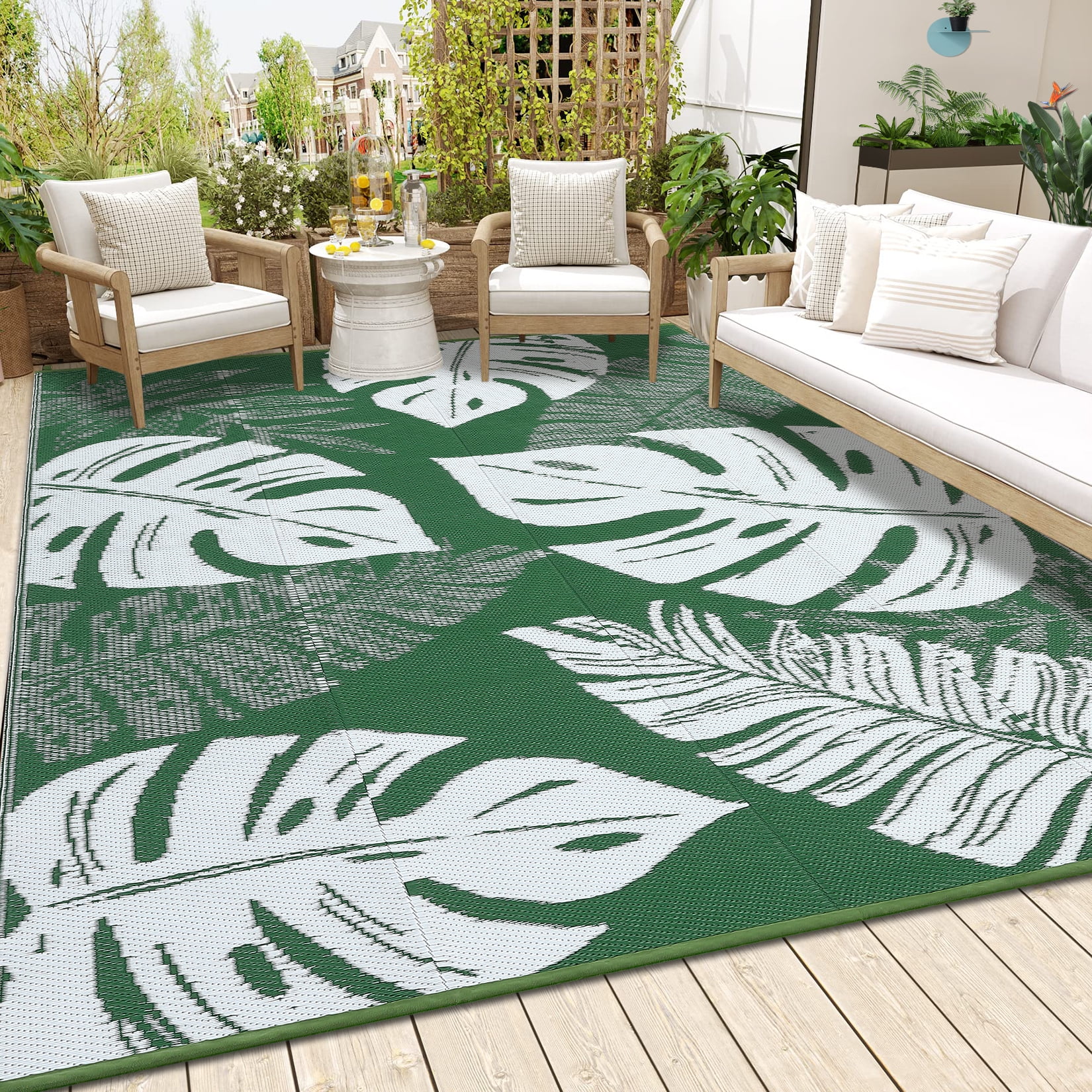 COZONY 9x12 Outdoor Rug, Reversible Waterproof Plastic Straw Patio Rug with Palm Leaf Pattern, Indoor Outdoor RV Mat for Patio Deck Balcony Camping