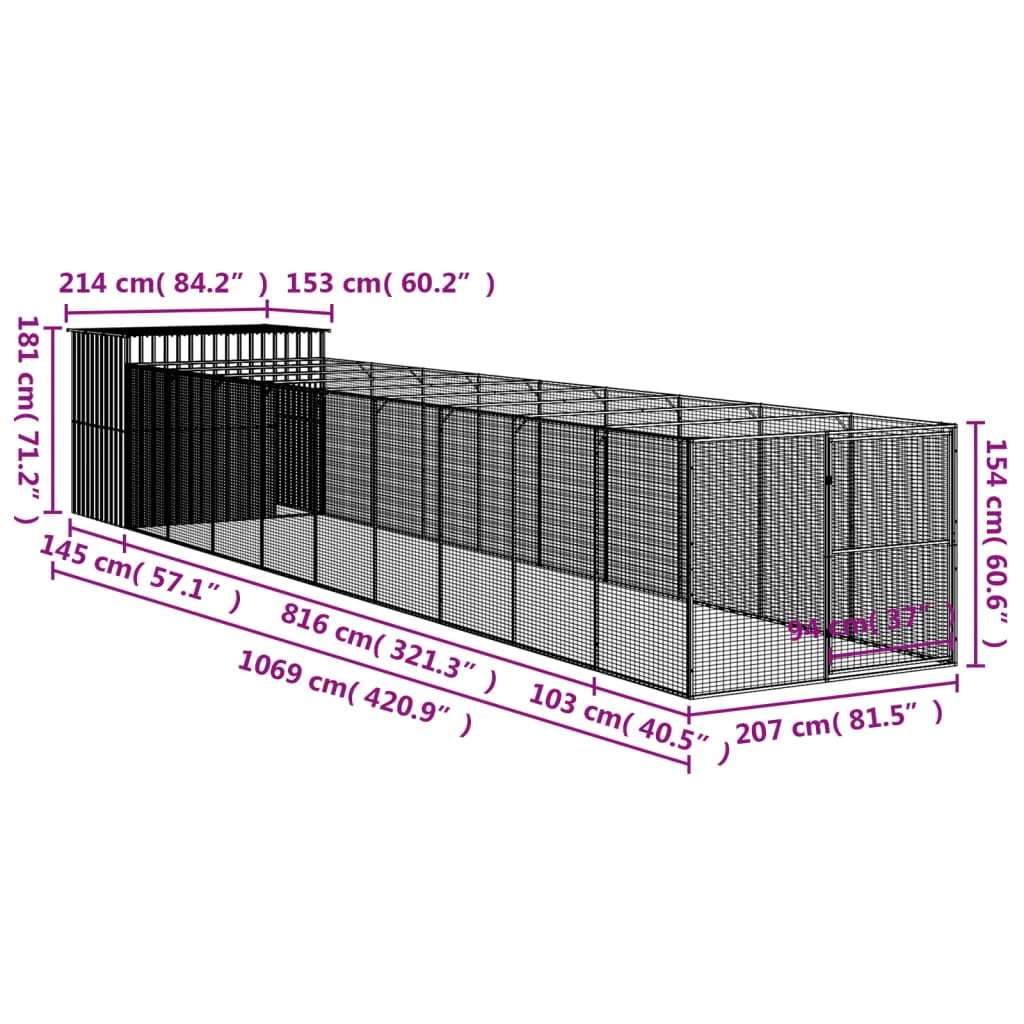 vidaXL Dog House with Run Anthracite 84.3"x260.2"x71.3" Galvanized Steel
