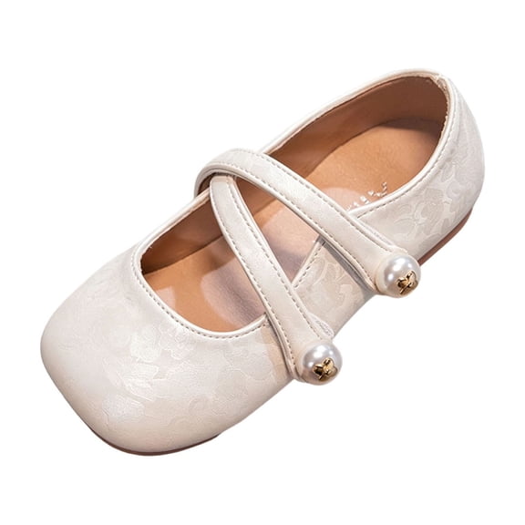 Girls Ankle Strap Flats Toddler Dress Shoes Kids Walking Shoes Crisscross Strap Pearl Decor Soft Sole Casual Party School Everyday Wear