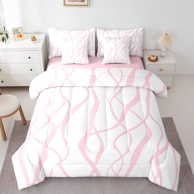 Erosebridal Girly Pink Ribbon Bedding, Stripes Bed in a Bag, Princess Female Reversible Bed Set, Breathable Room Decoration, 7pcs