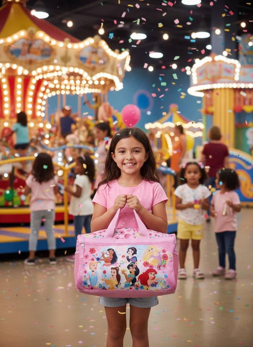 Disney Princess Kids Duffle Bag 16.5"  Travel & Sports Bag with Zipper Pocket, Mesh Side Pockets & Shoulder Strap