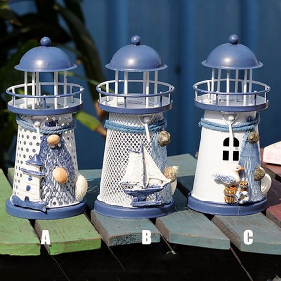 HmNPlay Lighthouse Candle Holder - Wrought Iron Candlestick with Nautical Details, Blue White, 15cm, Coastal Home Decor for Romantic Glow, Living Room & Nautical Lovers