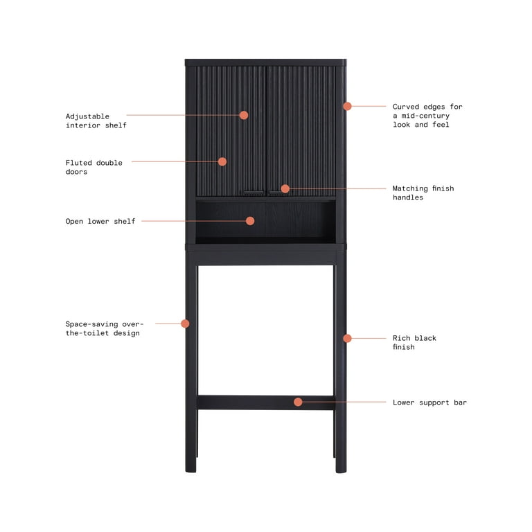 Beautiful Fluted Over-The-Toilet Storage Cabinet, Rich Black
