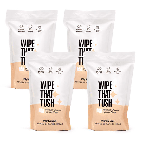 Wipe That Tush Flushable Wipes - Fragrance-Free - 4 Packs of 30 Individually Wrapped Wipes, 120 Total