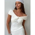 thumbnail image 4 of Women Twist Knot Front Off the Shoulder Tank Tops Cap Sleeve Shirts Slim Fitted White L, 4 of 10