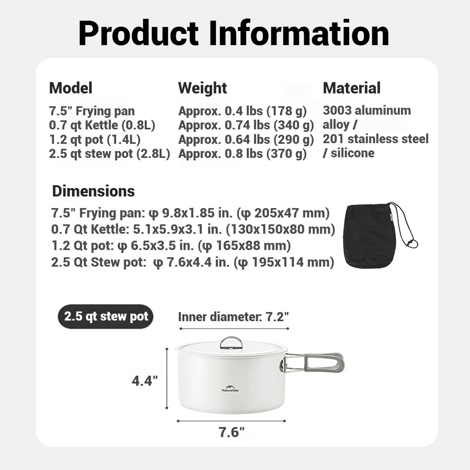 Naturehike, Ceramic Non-Stick Cookware Set, Nonstick Pot and Pan Cookware Set with Foldable Handle,  Five-Layer Lamination Process, Thicken Design, Easy Cleaning, For Home/Picnic/Camping.