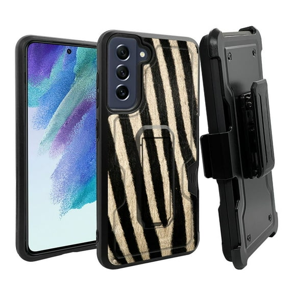 ANJ  Rugged Dual Layer Hybrid Holster Kickstand Case w/ Card Slot   Tempered Glass Cover for Samsung Galaxy S21 FE 5G - Zebra Fur Pattern
