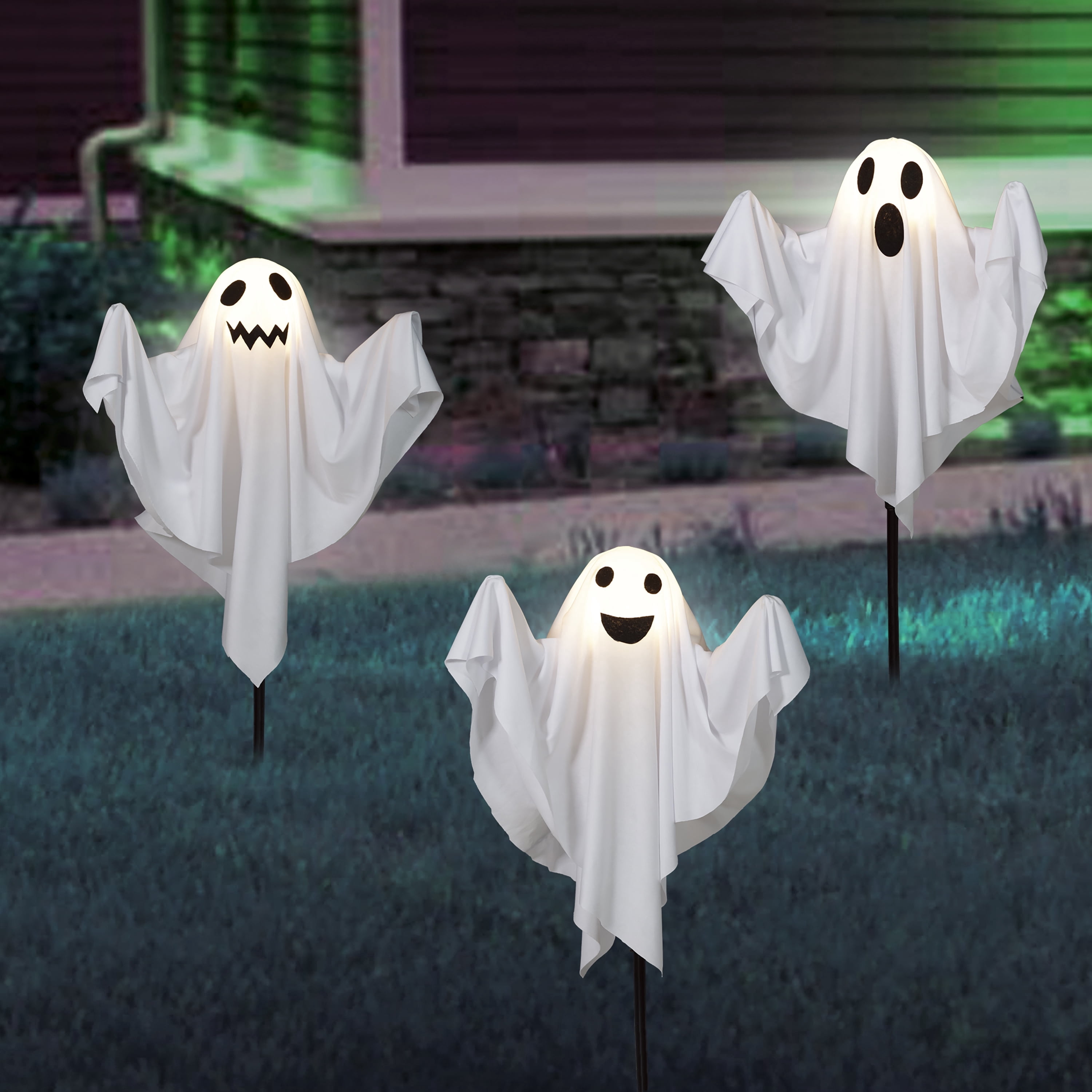 Outdoor LED Fabric Ghost Pathmarkers, White, 3 Count, Halloween by Way To Celebrate