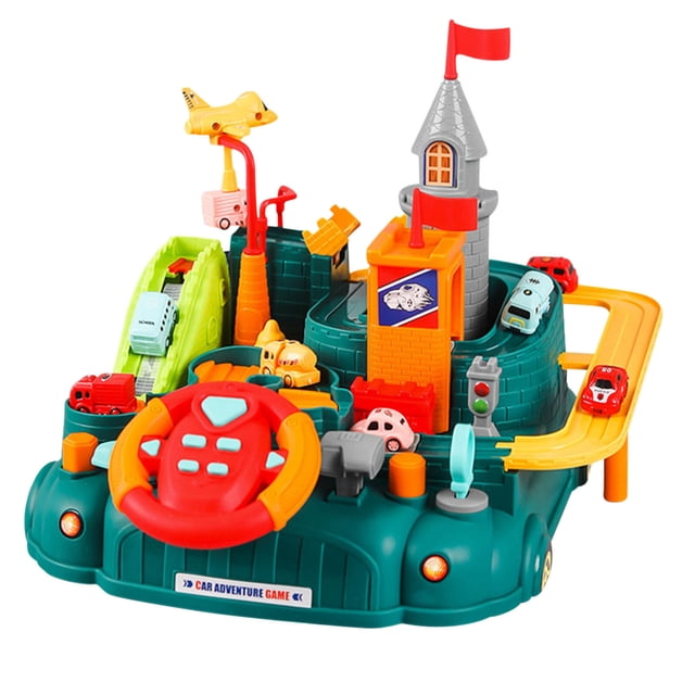 Green Interactive Race Car Track Toy Set With 3 Mini Cars Mechanical Educational Toy For Kids 10.4X13 Inches Abs Material Fun Toddler Toy With Multiple Challenges And Obstacles
