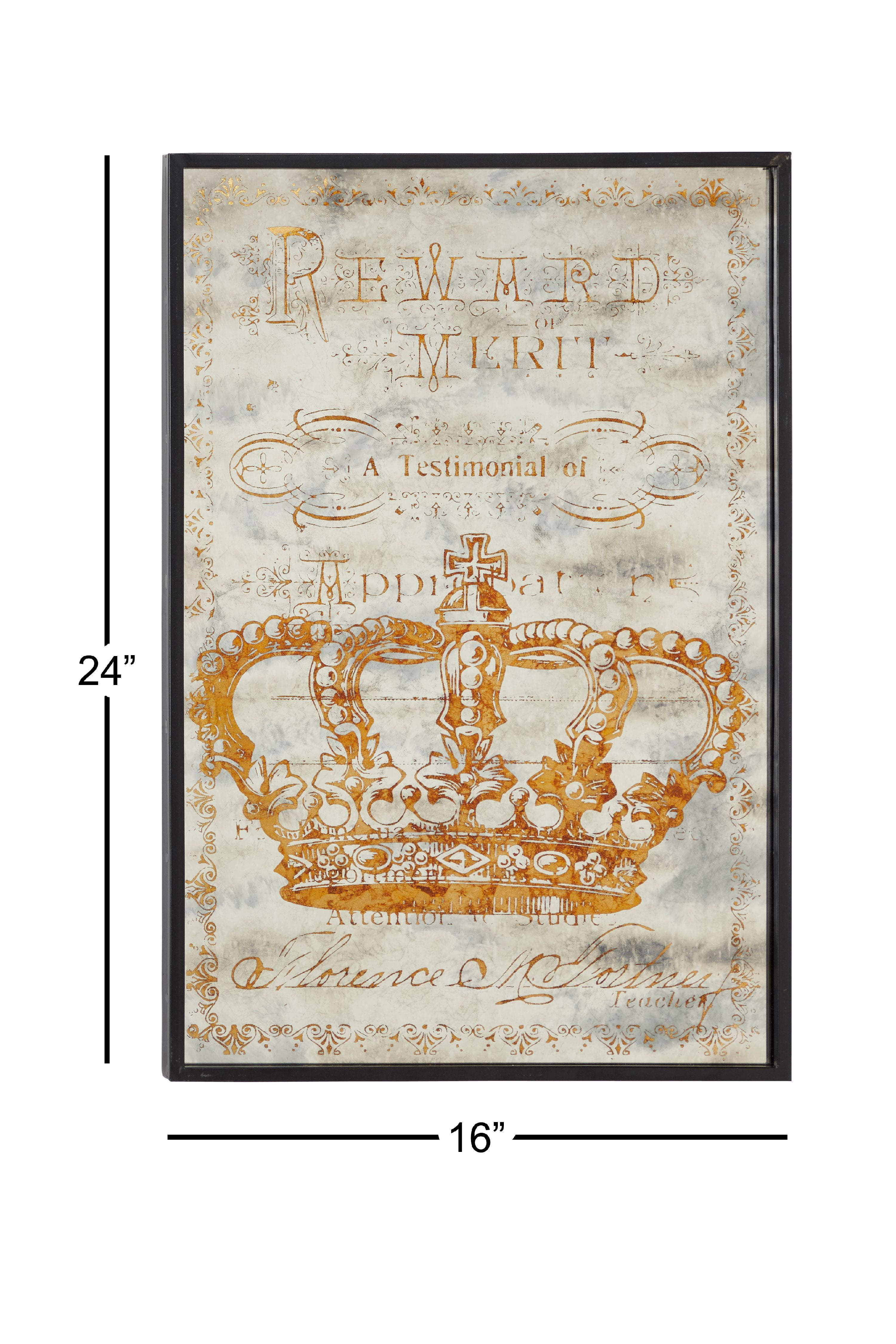 DecMode 16" x 24" Large Metallic Gold Crown Wall Art on Iron Panel in Wood Frame