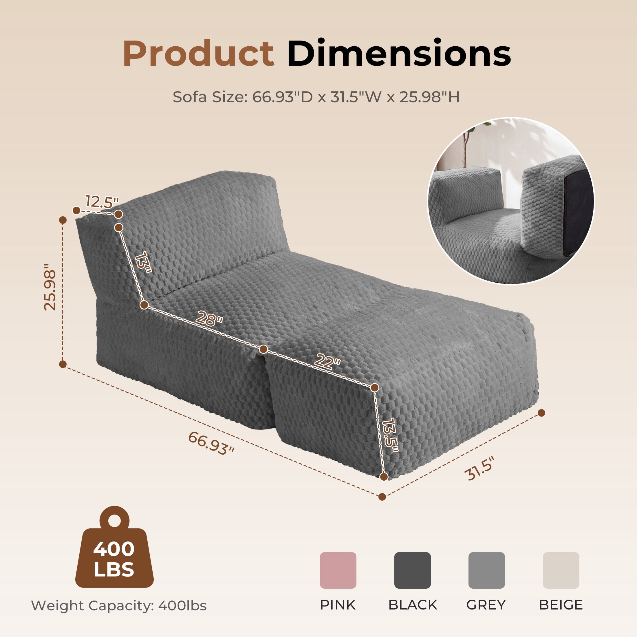 Poshby Big Bean Bag Lounger Chair for Adults, Large Flannel Plush Beanbag Sofa Chair for Living Room or Bedroom, Grey