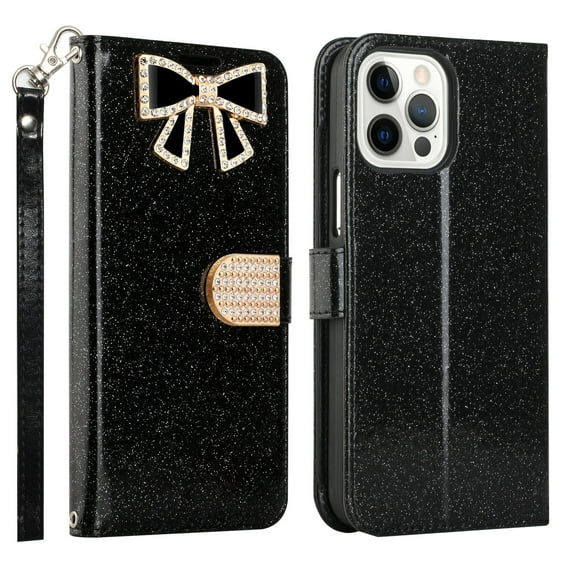 For Apple iPhone 15 Pro 6.1" Case Wallet for Women with Card Holder & Powerful Magnetic Detachable Cover & Kickstand Wristlet Glitter Leather Wallet Case Black