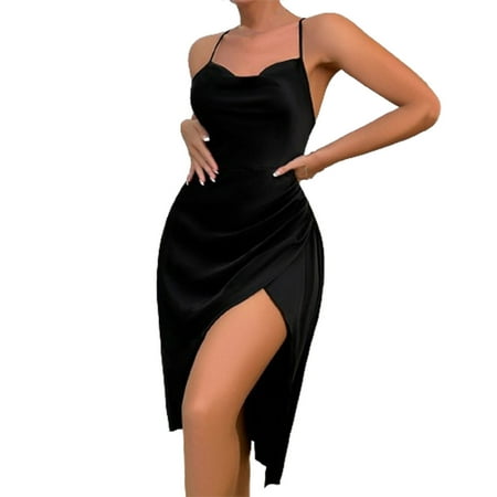 Plus Size Robe Women Satin Lingerie Sleepwear Elegant Spaghetti Strap V Neck Satin Silk Midi Dress Side Slit Sleepwear Dress S-79 Black M