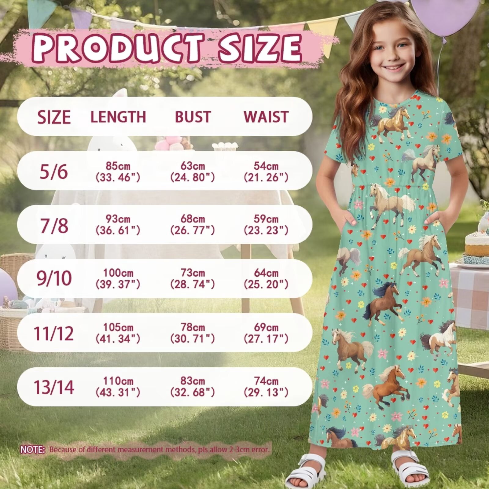 Uourmeti Tween Girls Maxi Dress Short Sleeve Round Neck Casual Flowy Horse Print Summer Long Dress for Girls Big Kids, Size 9-10 Years