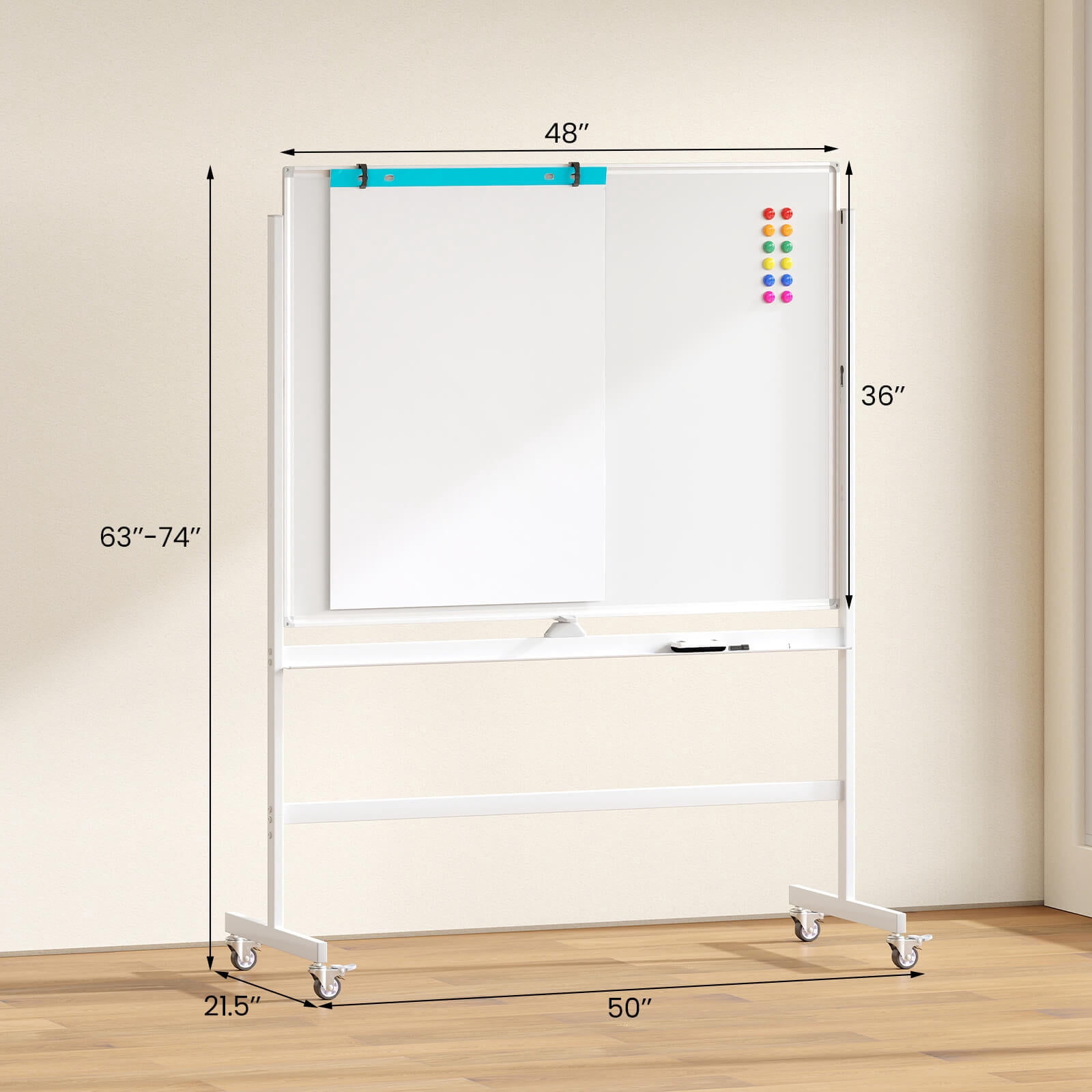 Costway 48"x36" Mobile Magnetic Double-Sided Reversible Whiteboard Height Adjust White