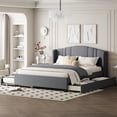 thumbnail image 2 of Upholstered Platform Bed with Wingback Headboard, One Twin Trundle and 2 Drawers, No Box Spring Needed, Linen Fabric, Queen Size Gray, 2 of 6
