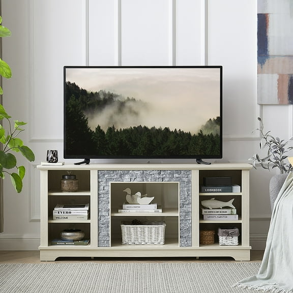 YYAo TV Media Console Table,TV Stand,Mantel Stone TV Media Stand, Modern Entertainment Console with Open Storage Space,WHITE