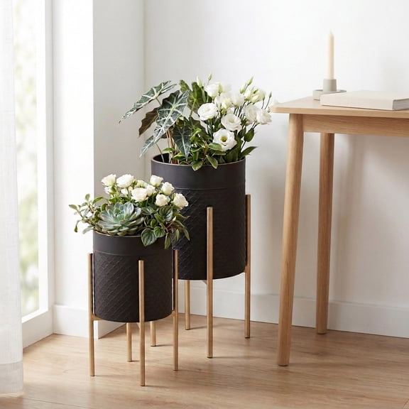Decorative Flower Pots with Metal Stand for Home Decor - Modern Planters for Hallway, Entryway, and Living Room Decor - Indoor and Outdoor Pots for Plants Styling  Set of 2, 23", 19", Black & Gold