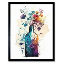 Wildflower Spring Bouquet in Glass Wine Bottle Art Print Framed Poster Wall Decor 12x16 inch