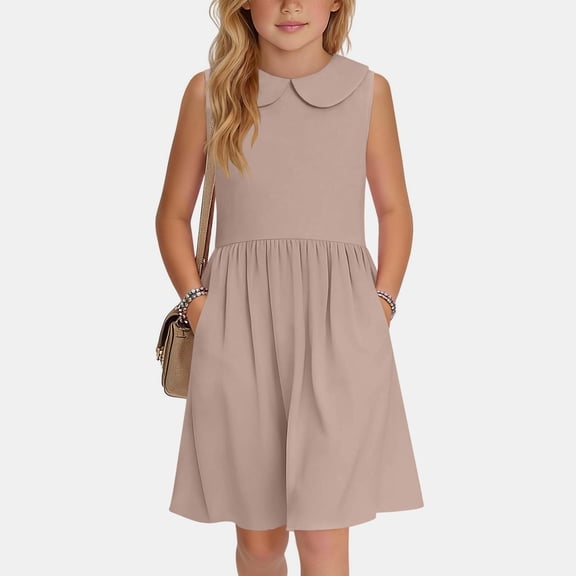 Gamivast Dresses for Girls Linen Sleeveless Peter Pan Collar Cute Dress A Line Gathered Waist Knee Length Skater Dress Pockets Solid School Holiday Sundress Khaki 6 Years