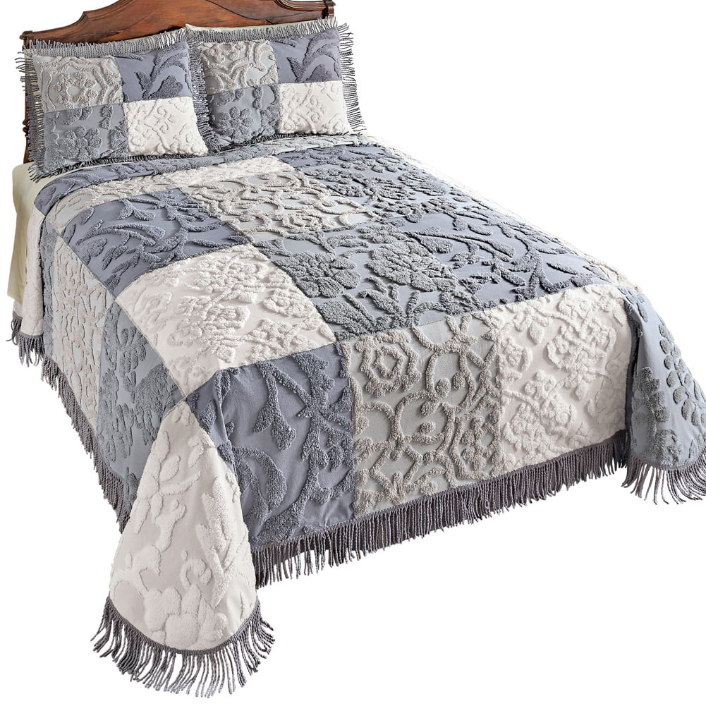 Grey Multi Collections Etc Grey Patch Chenille Bedspread with Fringe Trim Full