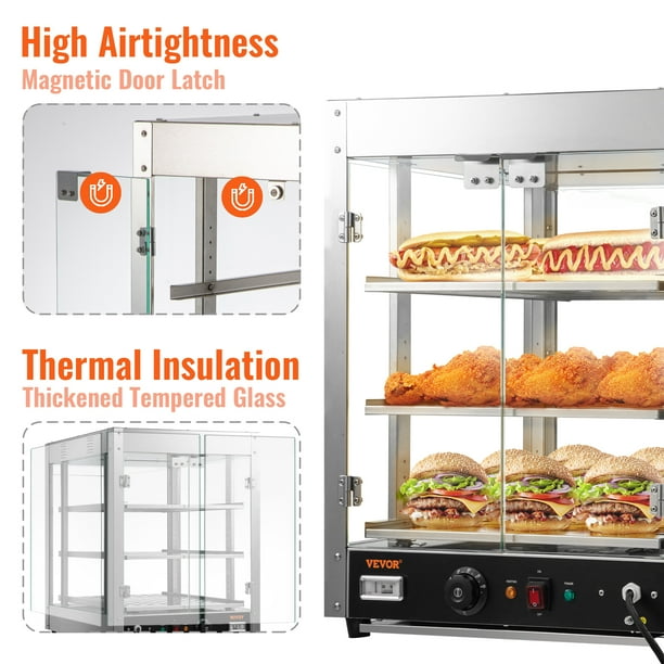 VEVOR Calentador de alimentos comercial, 3 niveles, calentador de pizza de 800 W con calefacción 3D, calentador de repostería para encimera con perilla de temperatura y pantalla