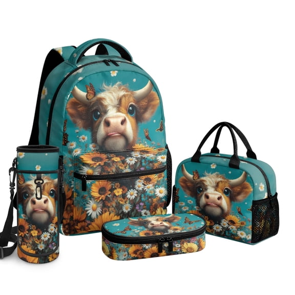 Chririnla Highland Cattle School Backpack for Kids Boys Gifts Sunflower School Bag Set with Lunch Box & Pencil Case & Water Bottle Sleeve Bookbag Teen Student Travel Daypack Bagpack