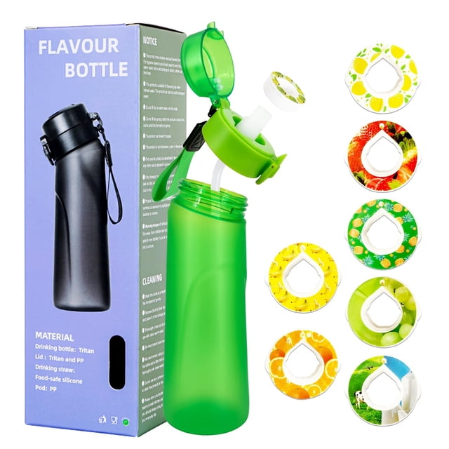 La mejor opción de regalo! Botella de agua deportiva de aire última intervensión Tristan juego de iniciación de 650 ml con 7 cápsulas de sabor perfumadas para saborizar 0 azúcar, 0 calorías Green
