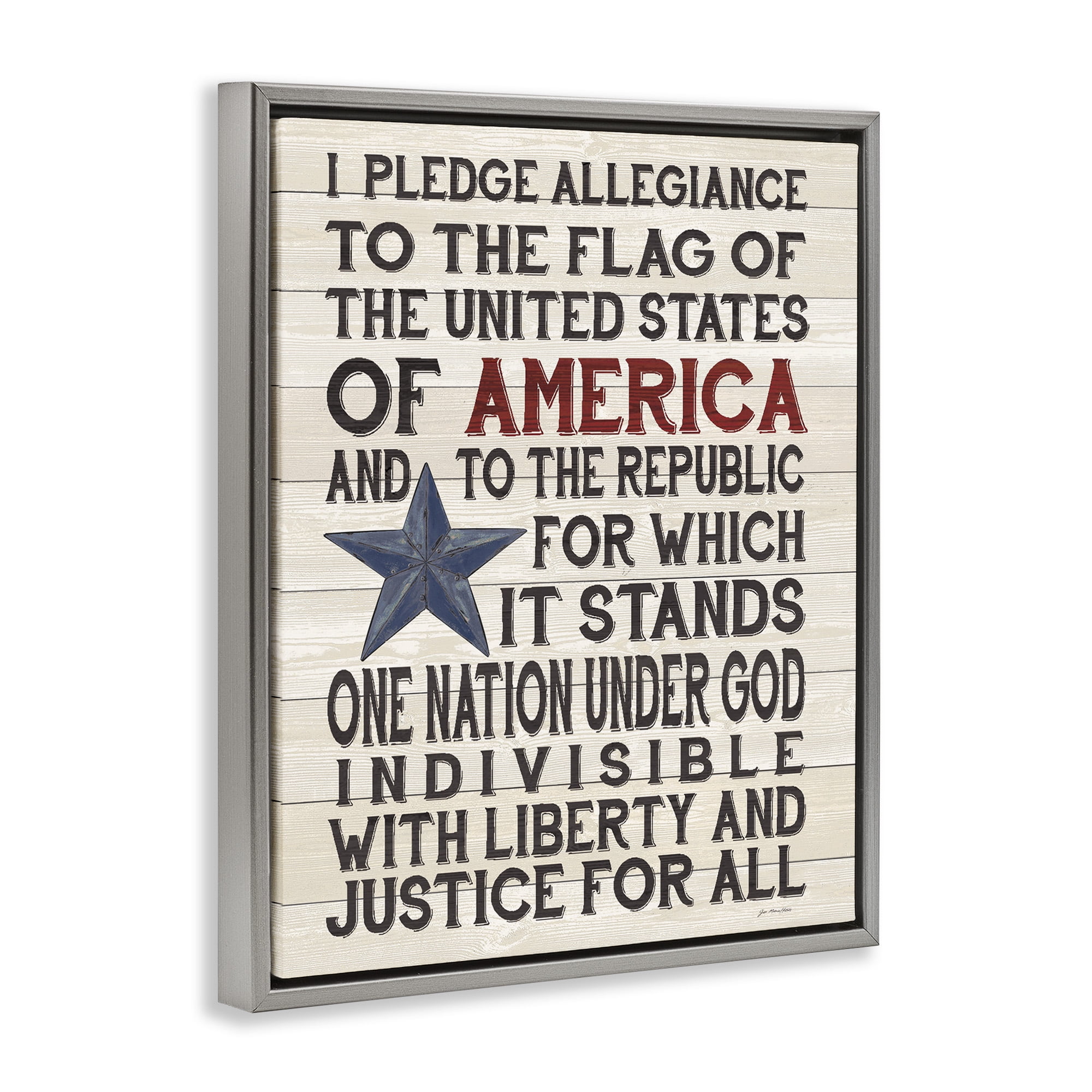 Stupell Industries Pledge of Allegiance Stars and Stripes Americana Rustic Wood Look Sign Luster Gray Framed Floating Canvas Wall Art, 16x20, by Jo Moulton