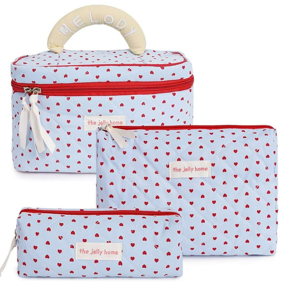 Deago 3Pcs Makeup Bag Set Large Cotton Quilted Travel Cosmetic Bag Cute Floral Make Up Pouch Toiletry Bag for Women (Blue Heart)