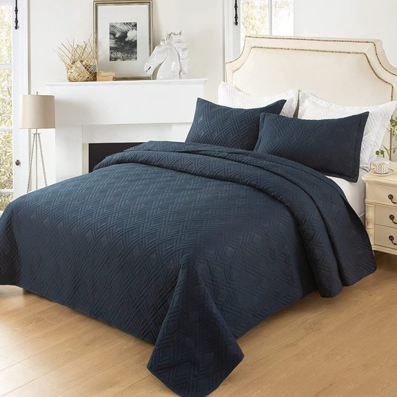 Summer Quilt Set, King Size Navy Blue L Pattern 3 Pieces Quilt Set, Oversized Modern Style Bedspread Set for All Season (1 Quilt & 2 Pillow Shams)