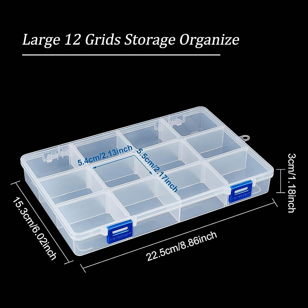 4Pcs Rectangle PP Plastic Bead Storage Container 12 Compartment Organizer Boxes with Hinged Lid for Small Parts Hardware and Craft Clear