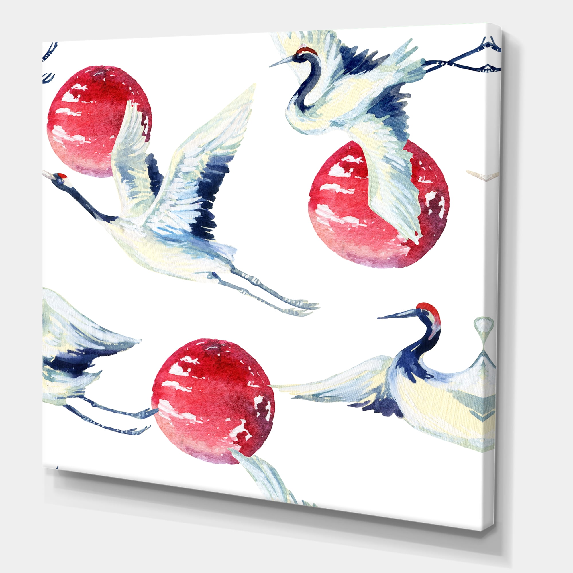 Designart ' Red Full Moon With Asian Crane Bird ' Traditional Canvas Wall Art Print