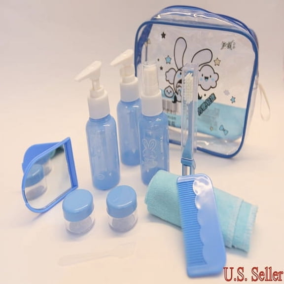 Travel Kit Blue Plastic Empty Cosmetic Bottle MakeUp Container 10 Pcs Bag Set