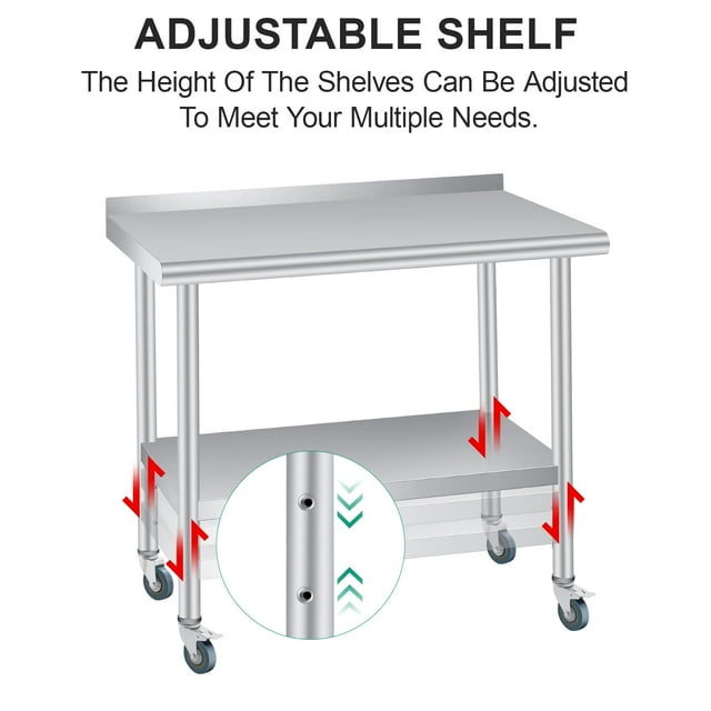 BeesClover Table de Préparation en Acier Inoxydable, 36*24/48*24/60*24 Pouces, avec Dosseret, Tablette Inférieure Réglable et 4 Roulettes, Table Commerciale Robuste avec Tablette Inférieure Réglable pour Usage Extérieur
