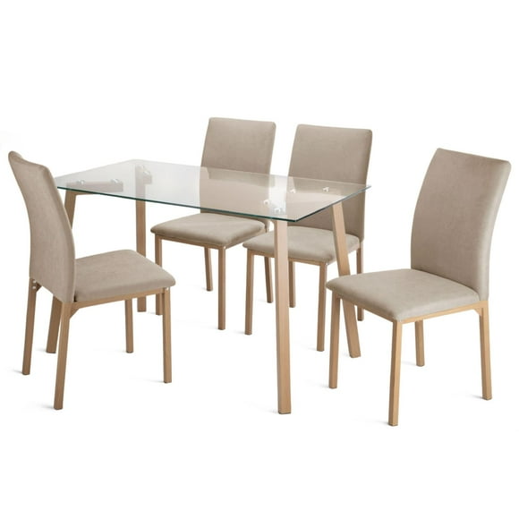 Juego De Comedor Con 4 Sillas Tapizadas Mesa Rectangular De Vidrio Estilo Compacto Kingshouse beige