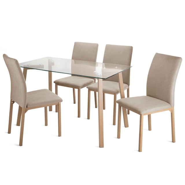 Juego De Comedor Con 4 Sillas Tapizadas Mesa Rectangular De Vidrio Estilo Compacto Kingshouse beige