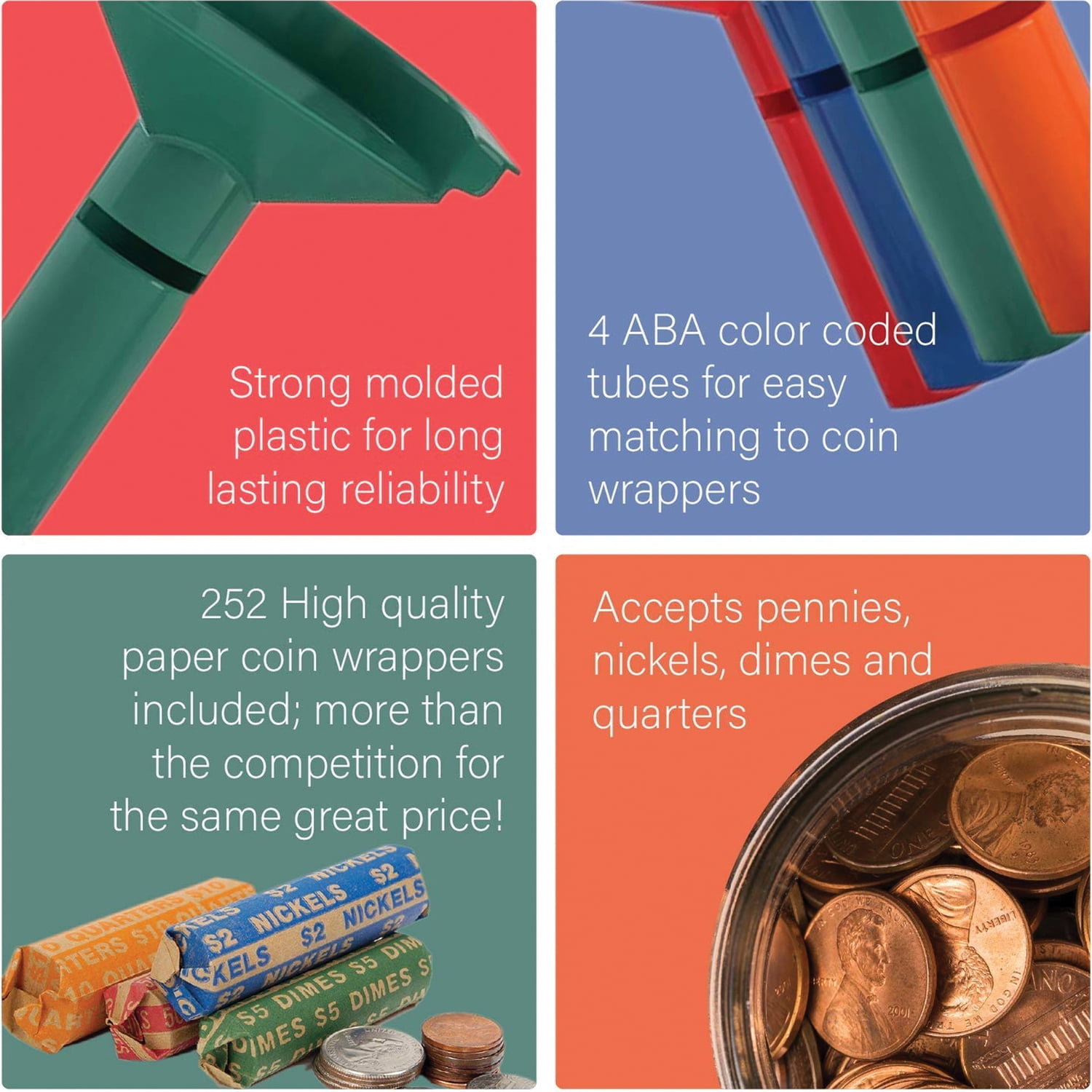 Wrap Coin Stacking Tubes With 252 Coin Wrappers Funnel Shaped Color Coded New 