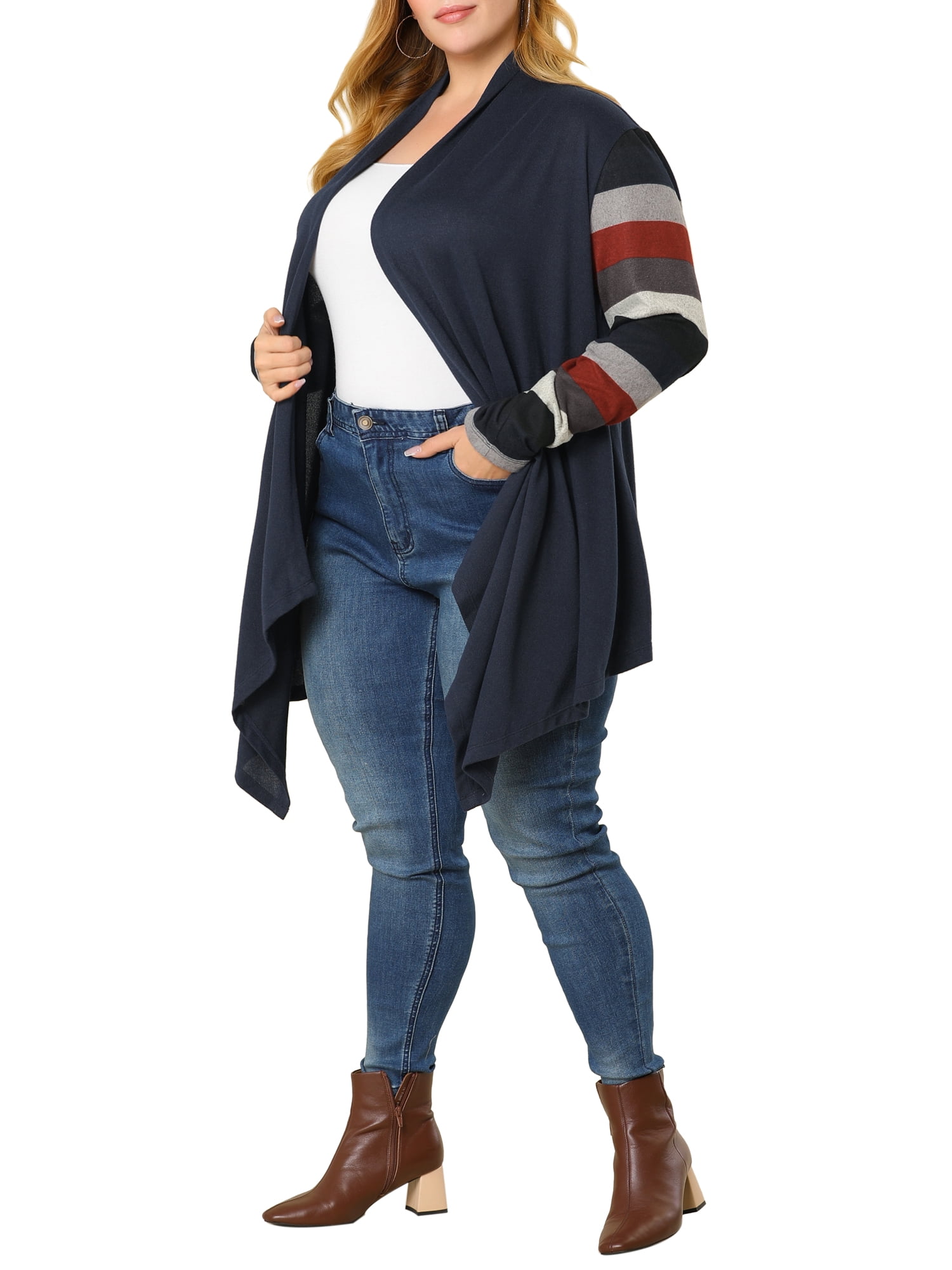 DARING DIVA Plus Size Striped Open Front Knit Cardigan Sweaters Shrugs 2X Navy Blue