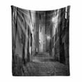 thumbnail image 1 of Black and White Soft Flannel Fleece Throw Blanket, Dark European Alleyway at Night Time Empty Street with Cobblestones, Cozy Plush for Indoor and Outdoor Use, 70" x 90", Black and White, by Ambesonne, 1 of 6