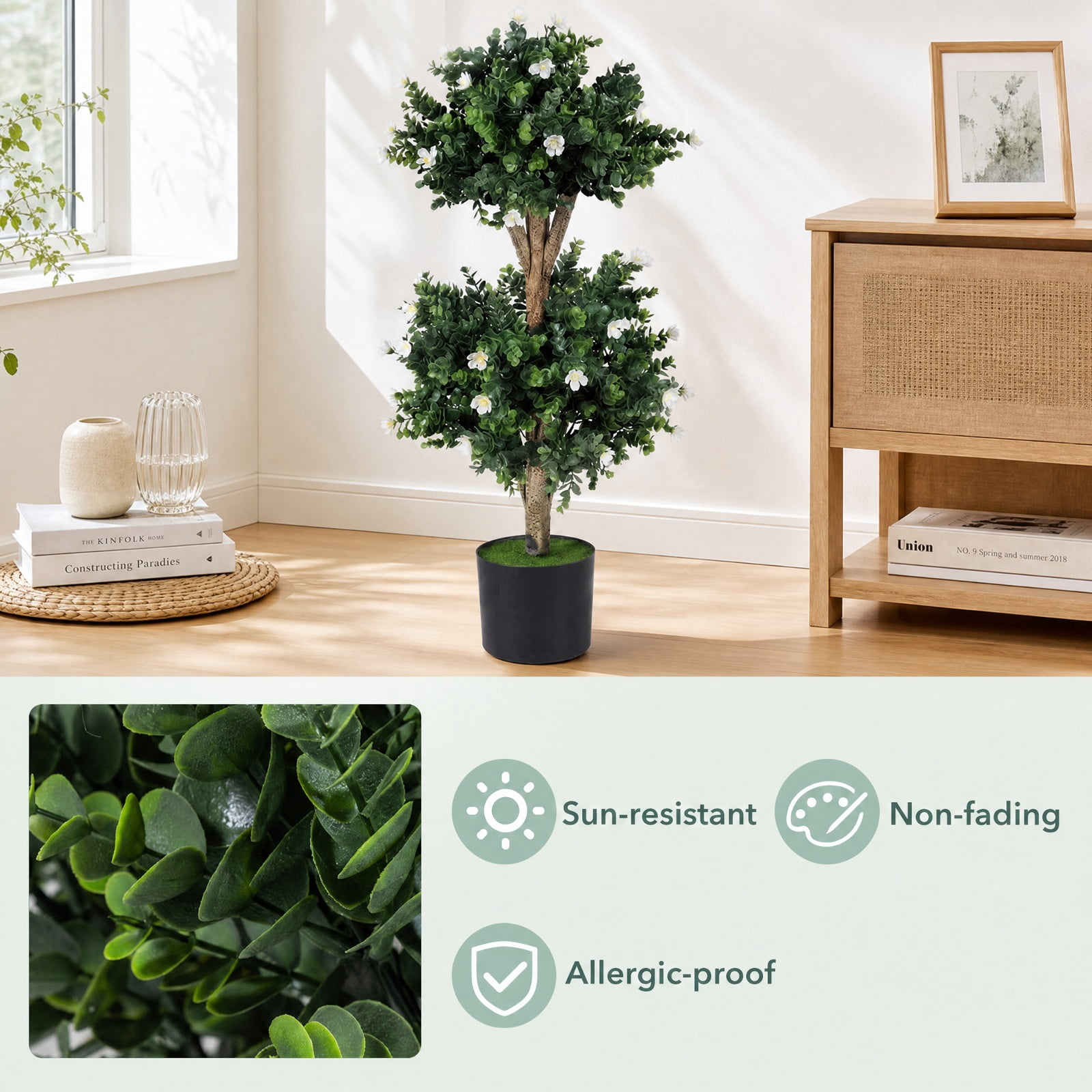 Vebreda Artificial Plant Decor, 2 Pack 36" Artificial Double Ball Boxwood Topiary Tree with 41 Blossoms, Vivid and Lifelike Boxwood Tree