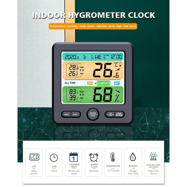 Mistaha LCD Color Screen Indoor Thermometer Hygrometer with Alarm Clock and Calendar Functions - TS-6211-B Black (Batteries Not Included)