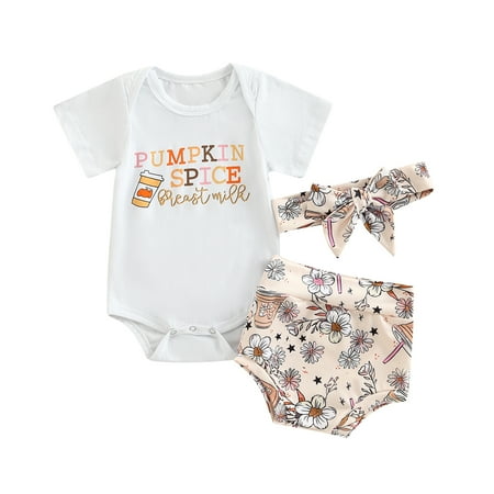 

Newborn Baby Girl Romper Shorts Headband Outfit Thanksgiving Clothes Set 3-Piece Sizes 0-18 Months