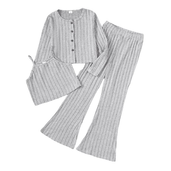 Mikrdoo Big Girls Clothes 8Y,9Y,10Y,11-12Y,13-14Y Girls Rib Knitted Vest & Flared Trousers & Cardigan Coat 3Pcs Outfits Set 10 Years Gray