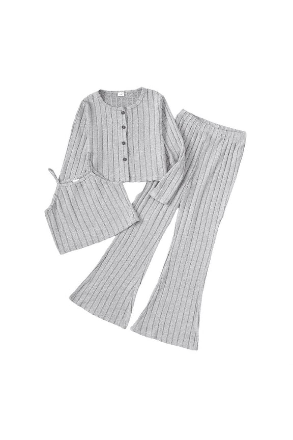Big Girls Clothes 8Y,9Y,10Y,11-12Y,13-14Y Girls Rib Knitted Vest & Flared Trousers & Cardigan Coat 3Pcs Outfits Set 11-12 Years Gray