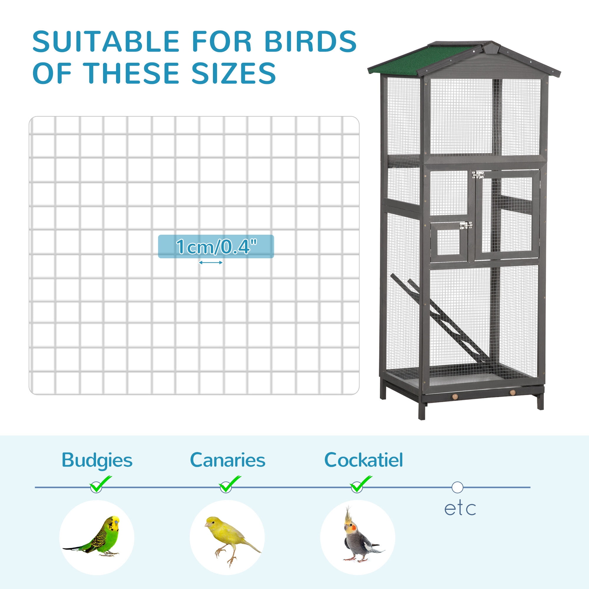 Dog Crate, PawHut 65" Wooden Bird Cage Outdoor Aviary House for Parrot, Parakeet, with Pull Out Tray and 2 Doors, Grey, Gray Pet Playpen,Wood Chicken Coop, Pet Supplies Pens & Hutches