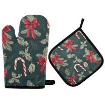 Yayeee Oven Mitts and Pot Holder Set of 4 Heat Resistant Kitchen Gloves Baking Hot Pad, Green Christmas Candy Canes