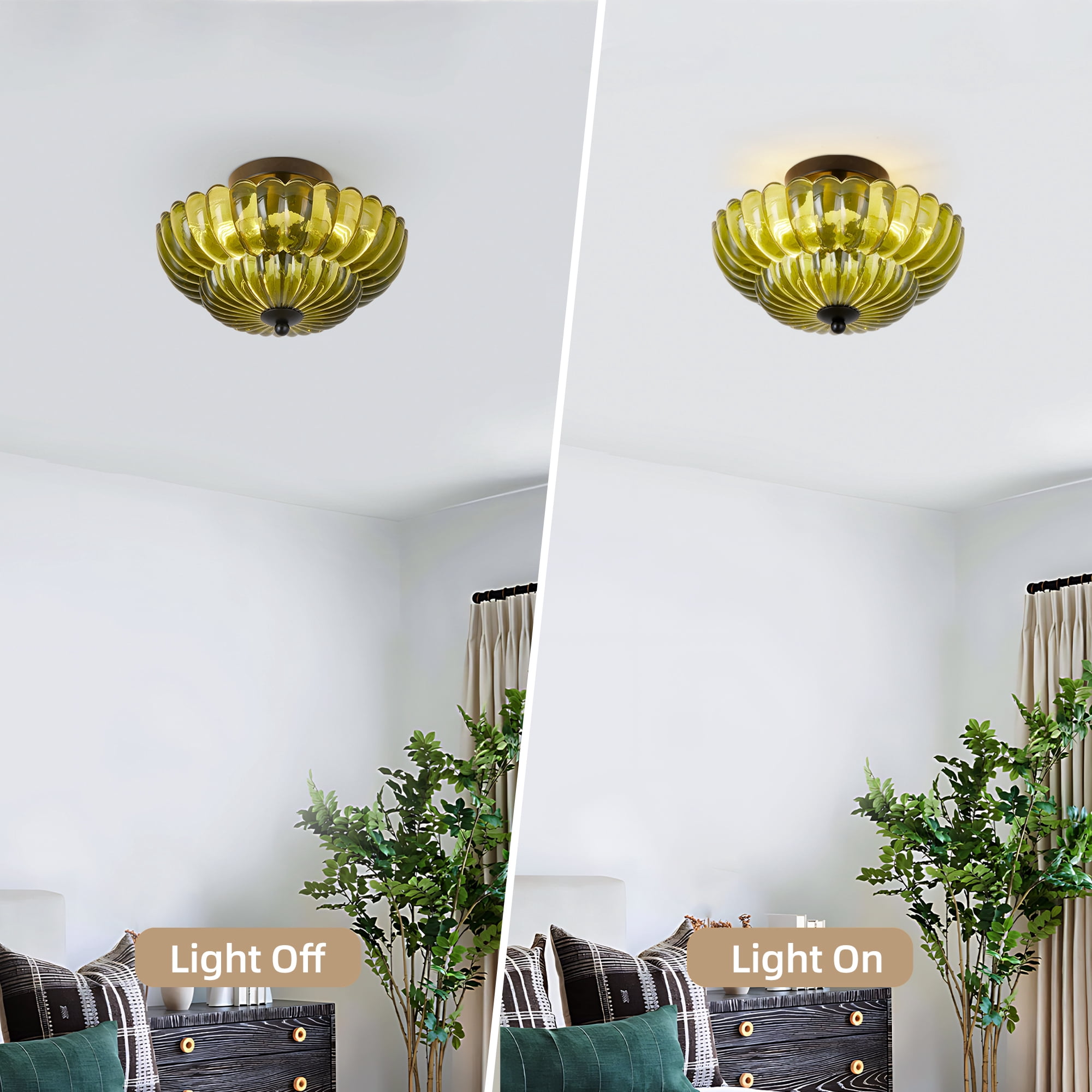 Leumius Semi Flush Mount Ceiling Light, Green Glass Ceiling Light Fixture, 3-Bulb Modern Black Close to Ceiling Light, Vintage Glass Ceiling Lights for Bedroom Kitchen Living Room, Bulb Not Included
