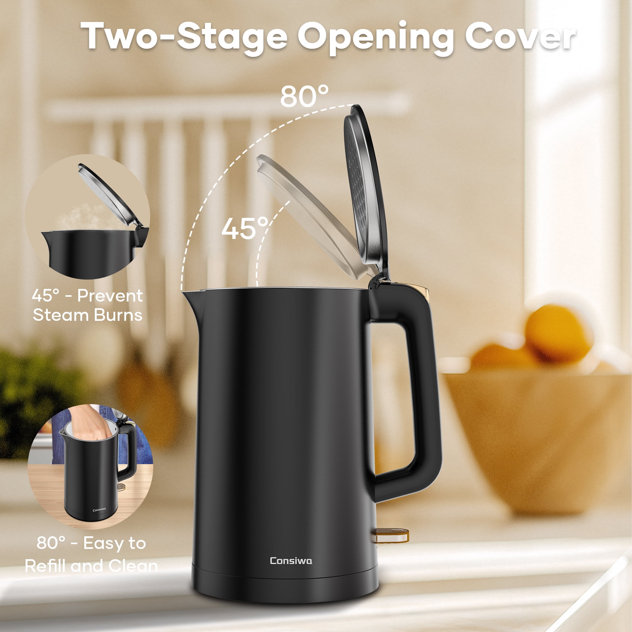 Electric Kettle, Double Wall 1.7L Stainless Steel Cool Touch, Water Boiler & Heater, 1500W Hot Tea Pot, Black